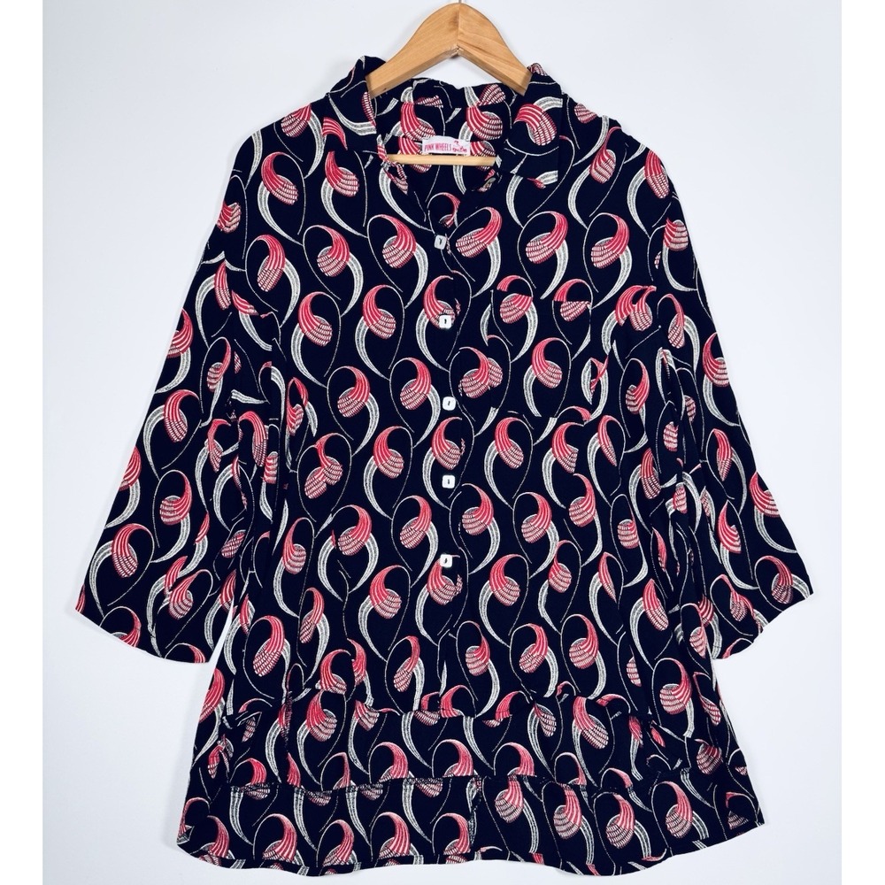 Pink Wheels Tunic Blouse Large Black Red Abstract Rayon Button Front Roll Tab